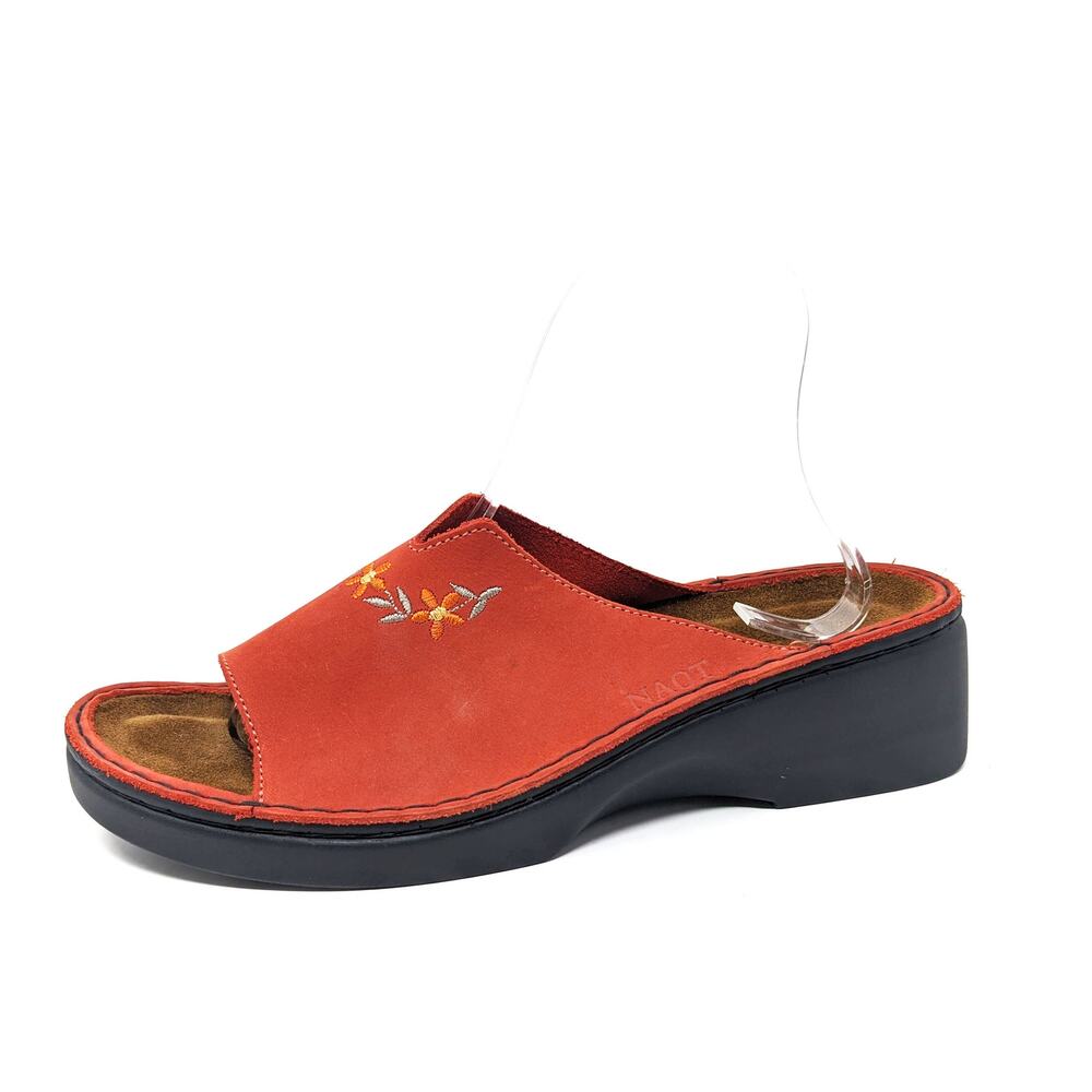 NAOT Womens 10 Shoes Red Leather Floral Sandals Comfort Wedge Block Heel Slip On